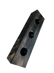 Black metal softwash manifold with three threaded ports for pressure washing equipment