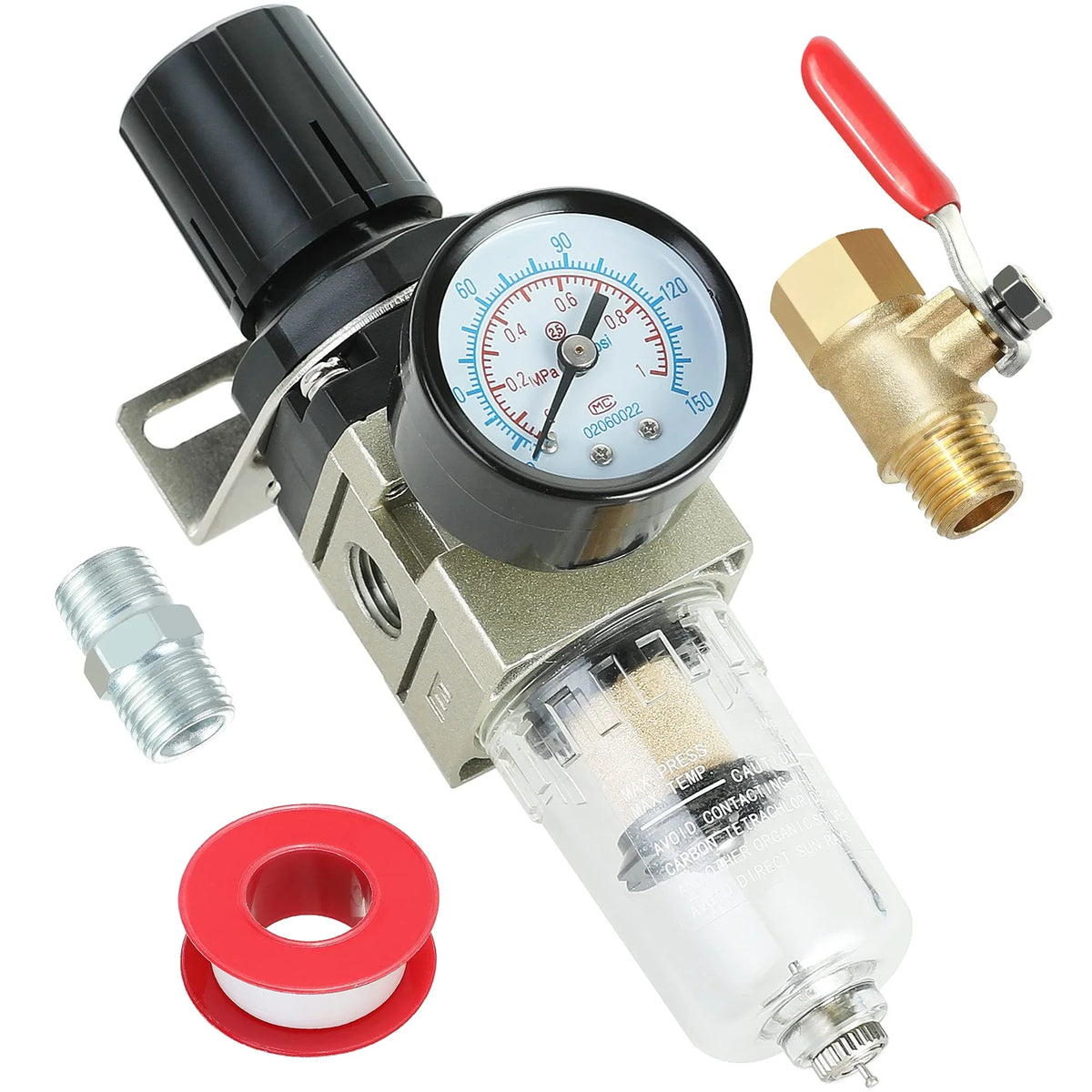 Softwash pressure regulator with gauge, filter, and brass valve for cleaning equipment