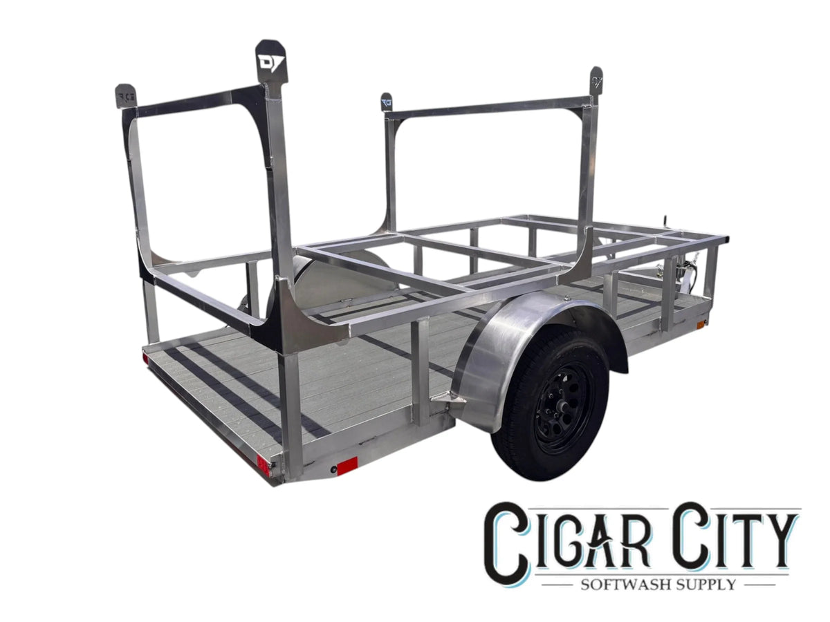 Aluminum softwash trailer with dual tank racks and wood deck for cleaning equipment transport
