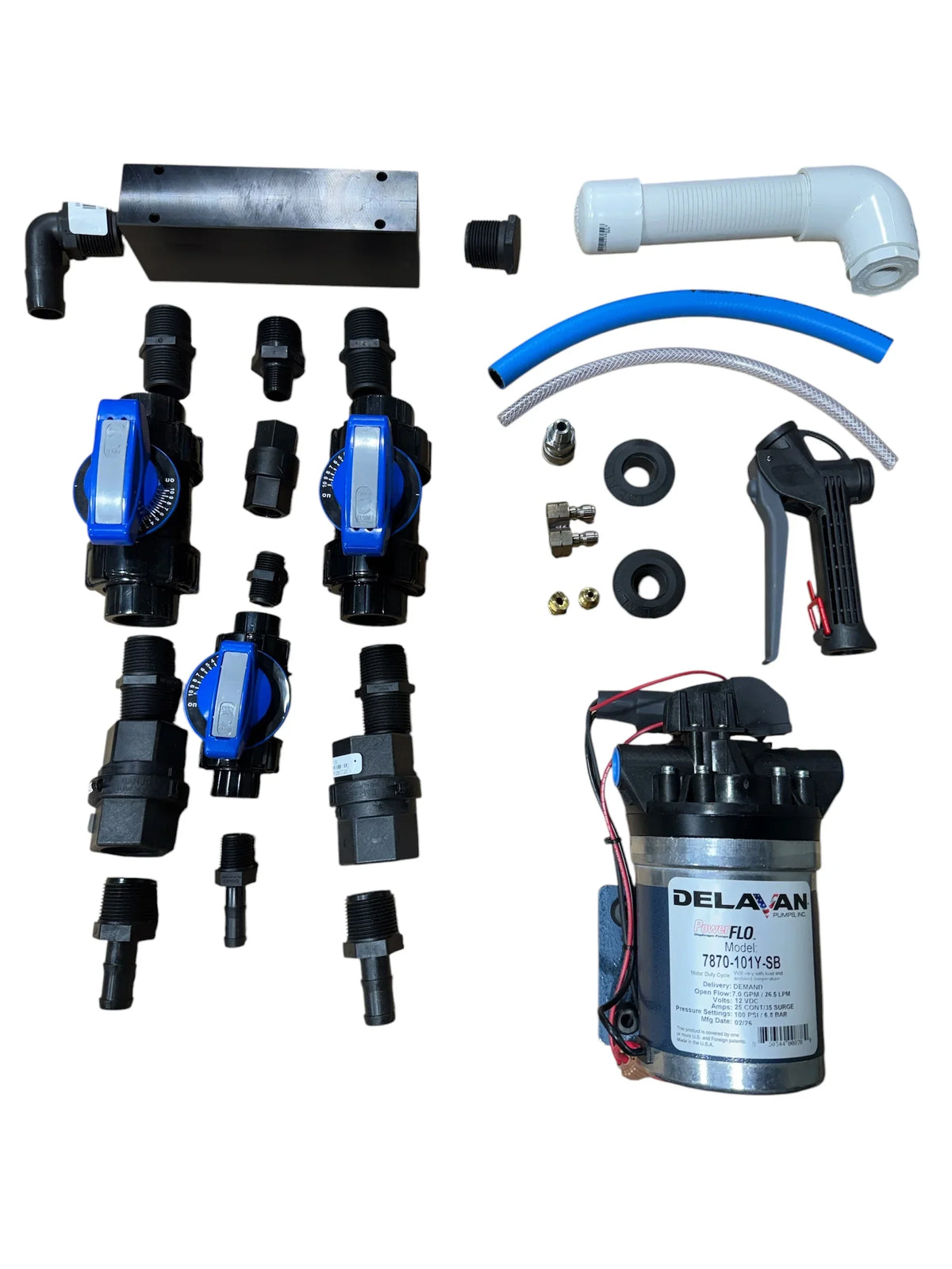 Softwash equipment kit with pump, valves, hoses, and spray gun for professional cleaning systems