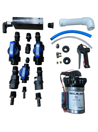 Softwash equipment kit with pump, valves, hoses, and spray gun for professional cleaning systems