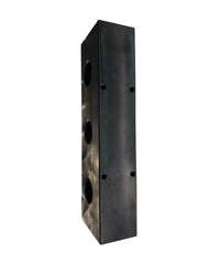 Black metal softwash equipment component with circular ports and mounting holes