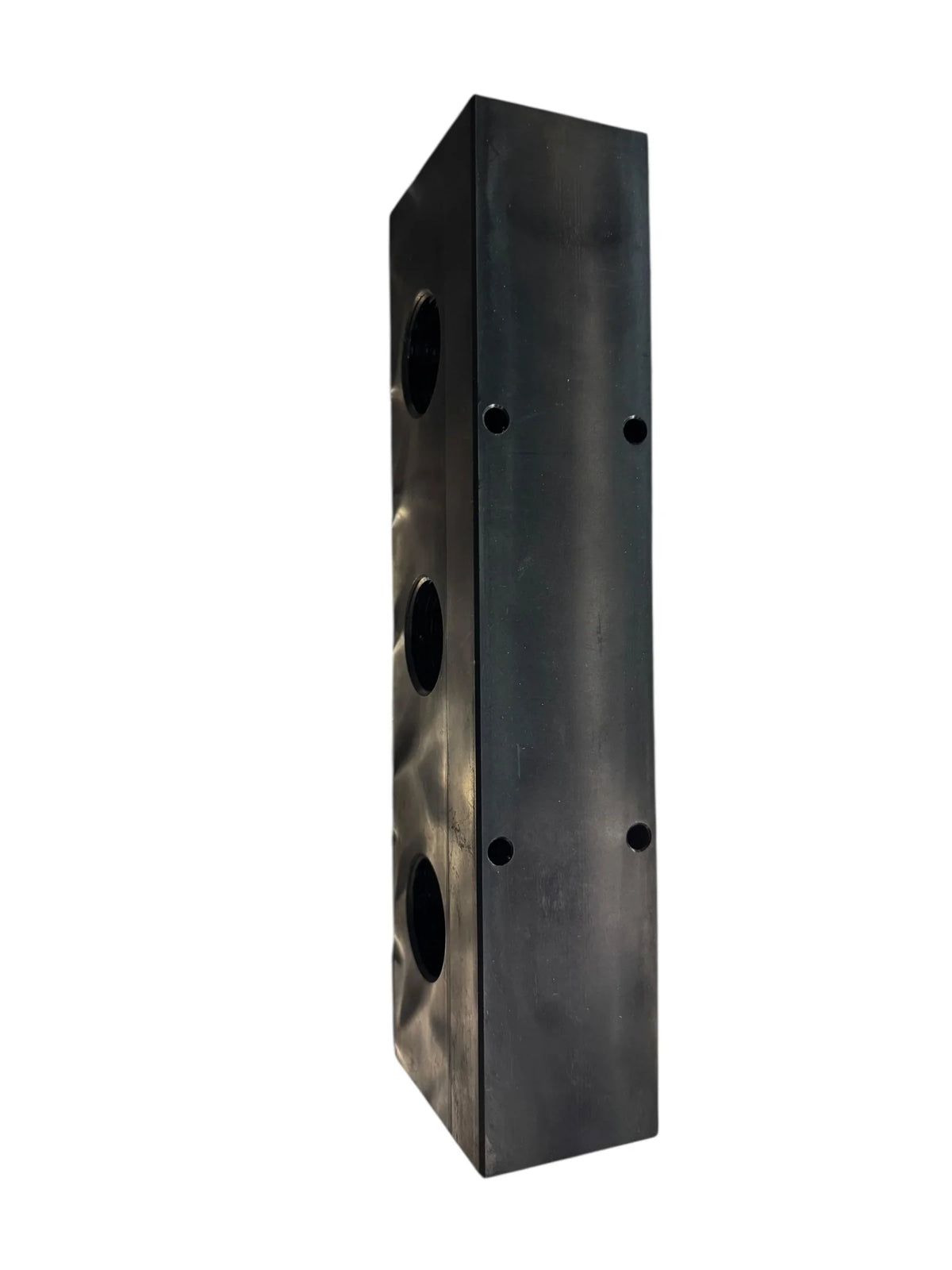 Black metal softwash equipment component with circular ports and mounting holes