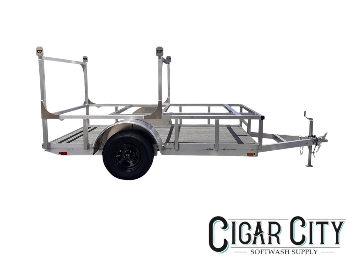 Aluminum softwash equipment trailer with frame racks for cleaning gear transport