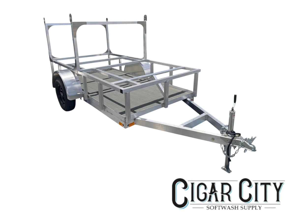 Aluminum softwash trailer with frame for equipment transport, ideal for cleaning business setups