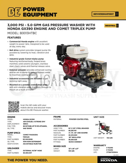 BE 5GPM @ 3000PSI Honda GX390 Belt Drive Pressure Washer B3013HTBC Pressure Washers Cigarcity Softwash.