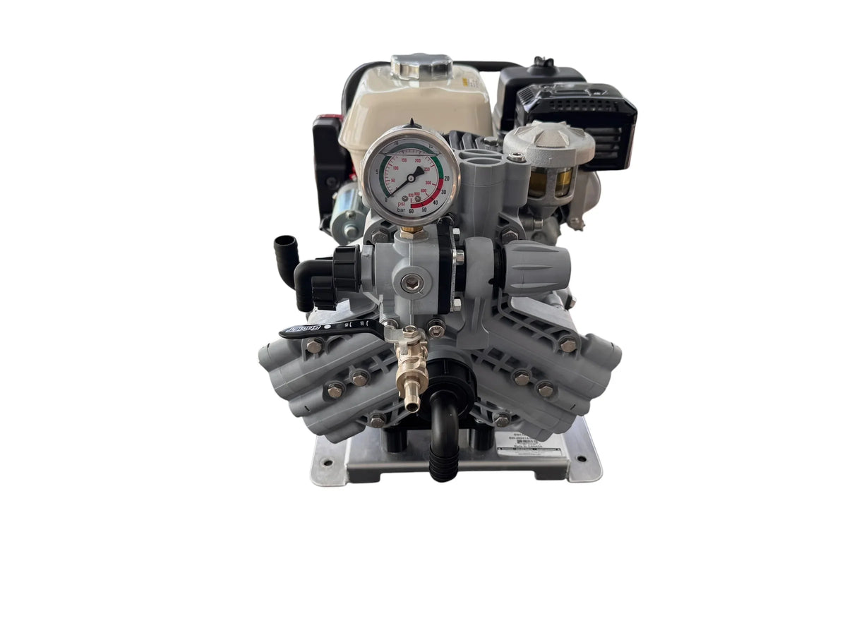 Gas-powered softwash pump with pressure gauge for professional cleaning equipment
