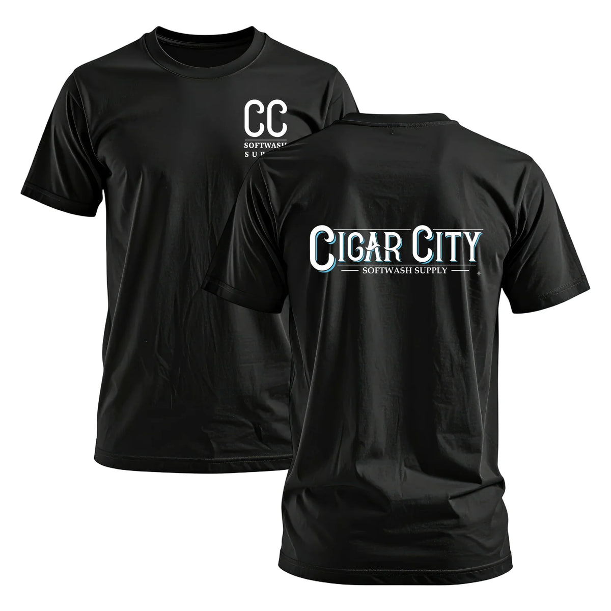 Black Cigar City Softwash Supply t-shirt with front and back logo design for cleaning professionals