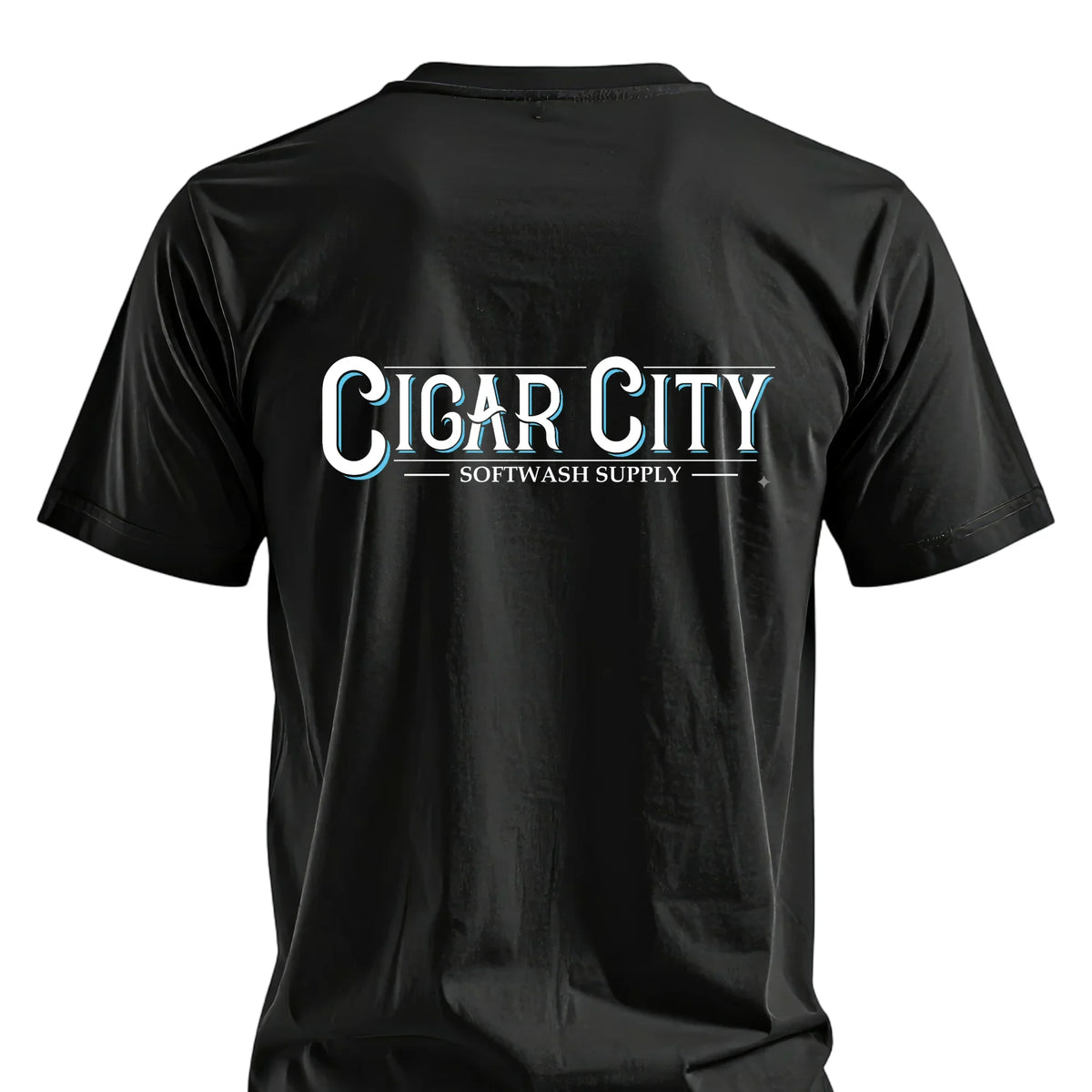 Black t-shirt with Cigar City Softwash Supply logo, ideal for softwash professionals and cleaning crews.