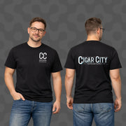 Black Cigar City Softwash Supply t-shirt front and back view, men's casual wear for cleaning professionals