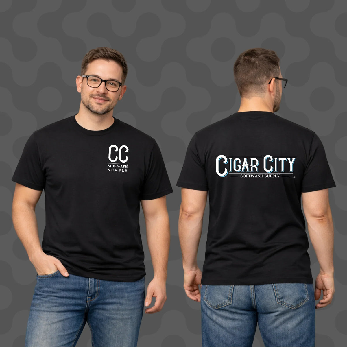 Black Cigar City Softwash Supply t-shirt front and back view, men's casual wear for cleaning professionals