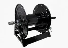 Black industrial hose reel for softwash equipment, sturdy metal frame, ideal for pressure washing systems