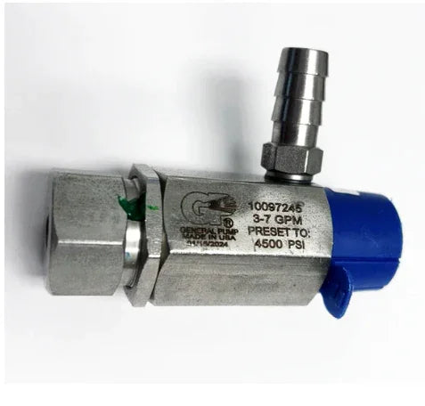 Stainless steel softwash pressure regulator with 4500 PSI preset, blue adjustment knob, and hose fitting