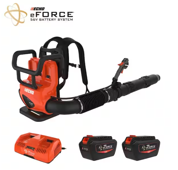 ECHO eFORCE 56V 195 MPH 795 CFM Cordless Battery Backpack Blower w/Tube Throttle & (2) 5.0Ah Batteries & Dual Port Charger DPB5800TD2