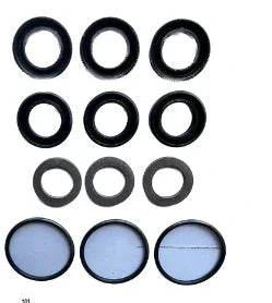 Black rubber O-rings and blue filter discs for softwash equipment maintenance