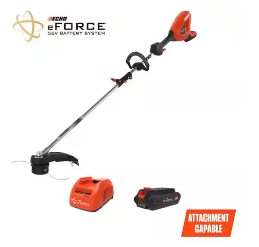 ECHO eFORCE 56V Brushless Cordless Battery 16 in. Attachment Capable String Trimmer and 2.5Ah Battery and Charger DPAS2100SBR2