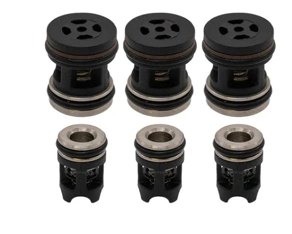 Six black softwash nozzles with metal rings, ideal for pressure washing equipment