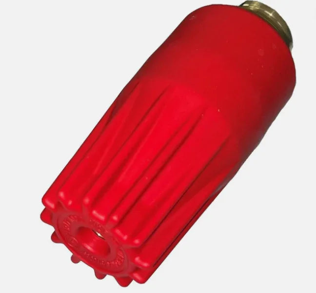 Red softwash nozzle with brass fitting for pressure washing equipment