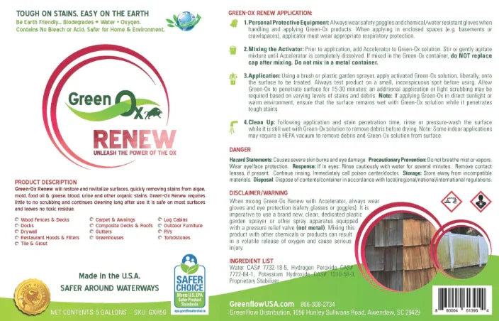 Green Ox Renew softwash solution label with eco-friendly, biodegradable formula for safe outdoor cleaning