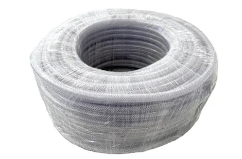 Coiled clear softwash hose wrapped in plastic for pressure washing equipment