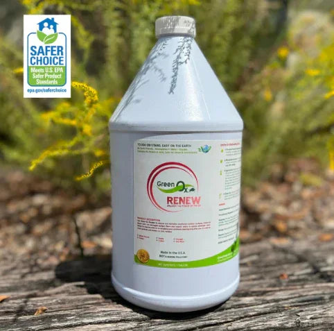Green Ox Renew softwash cleaning solution jug with Safer Choice label, eco-friendly for exterior cleaning