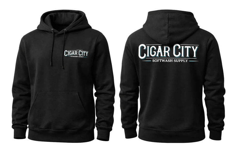 Black Cigar City Softwash Supply hoodie front and back view with logo print