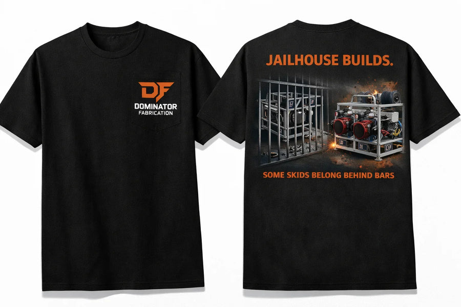 Black Dominator Fabrication t-shirt with 'Jailhouse Builds' graphic and skid unit design