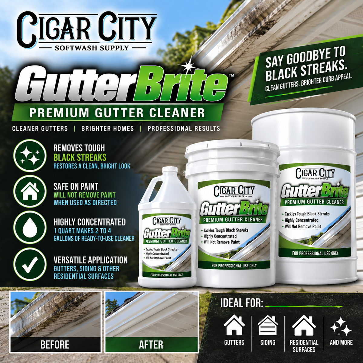 Gutter Brite | Premium Gutter Cleaner & Brightener – Black Streak Remover Super Concentrate