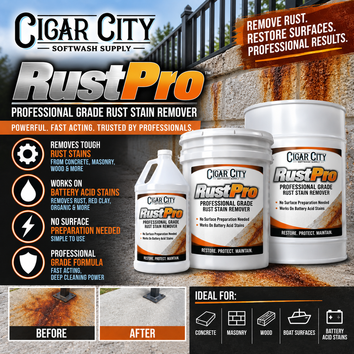 Rust Pro | Professional Grade Rust Stain Remover – Concrete, Masonry & Wood Rust Cleaner
