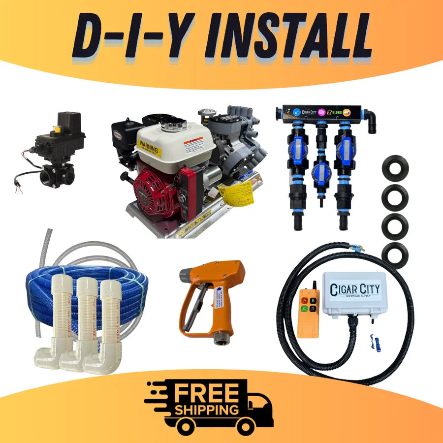 DIY softwash equipment kit with pump, hoses, spray gun, and EZ Blend system for professional cleaning
