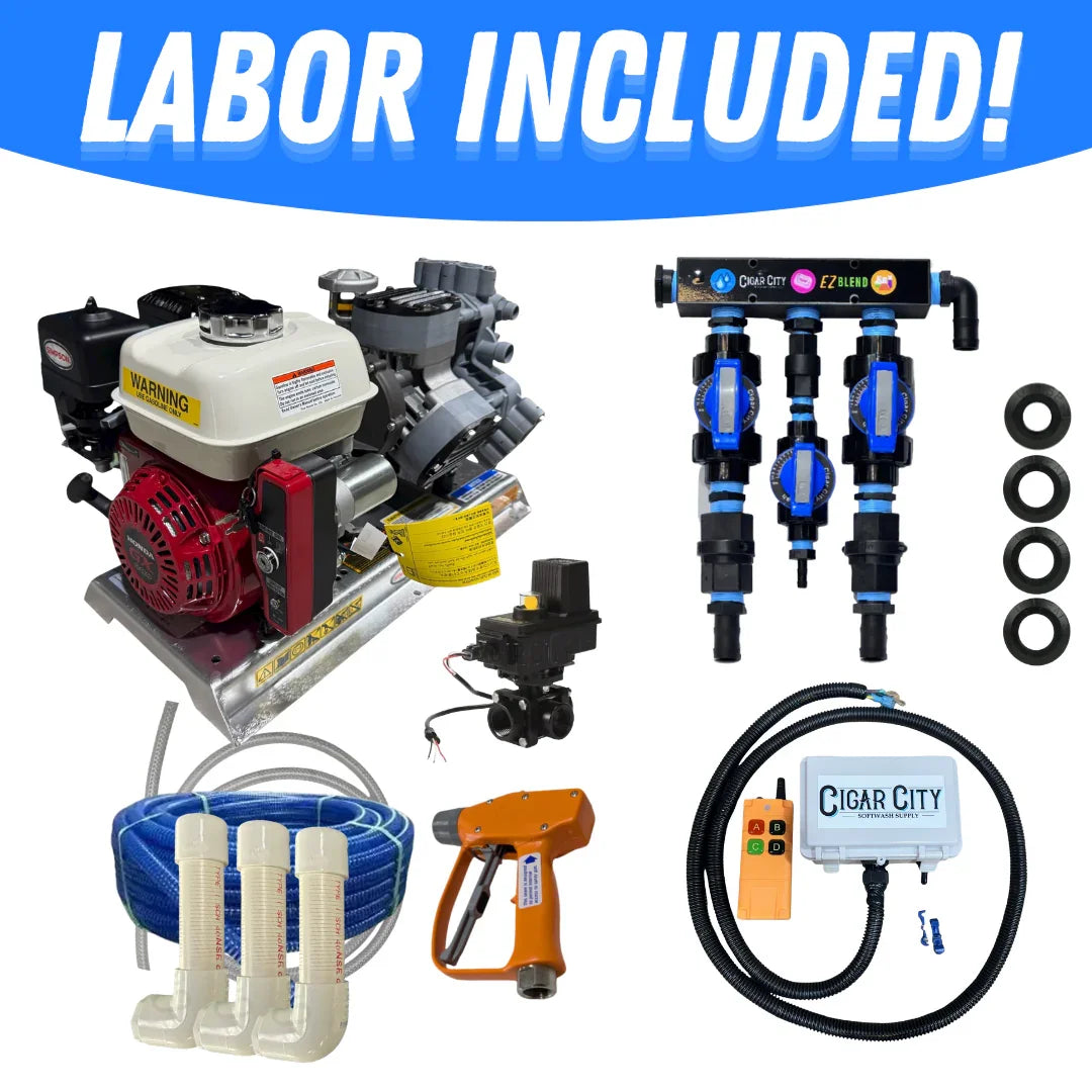 Softwash equipment kit with pressure washer, EZ Blend injector, hoses, and remote control for professional cleaning