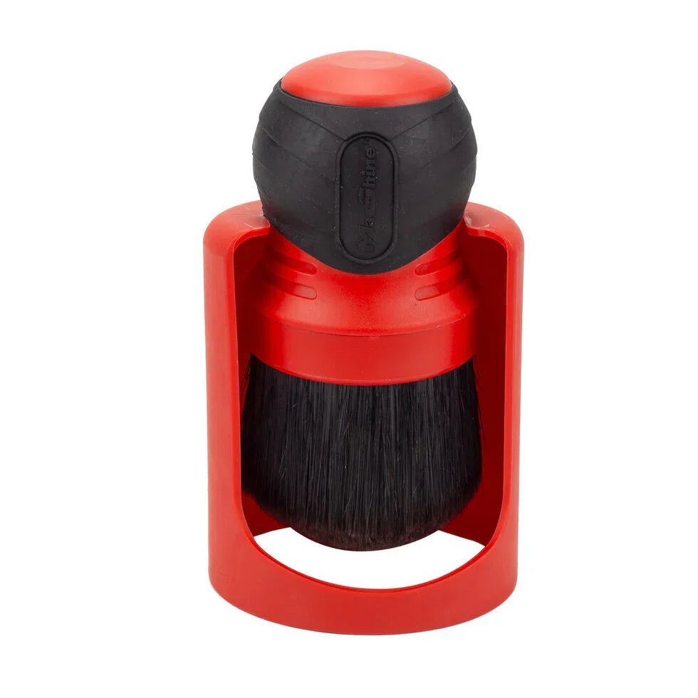 Red and black softwash brush with ergonomic grip for professional cleaning equipment