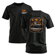 Black Dominator Fabrication T-shirt with vintage truck graphic and DF logo, front and back view