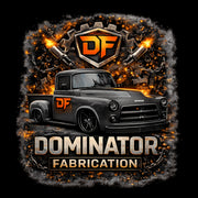 Dominator Fabrication DF logo with classic truck, gear, and flames design