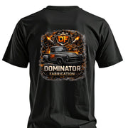 Black t-shirt with Dominator Fabrication graphic, vintage truck, DF logo, and fiery mechanical design
