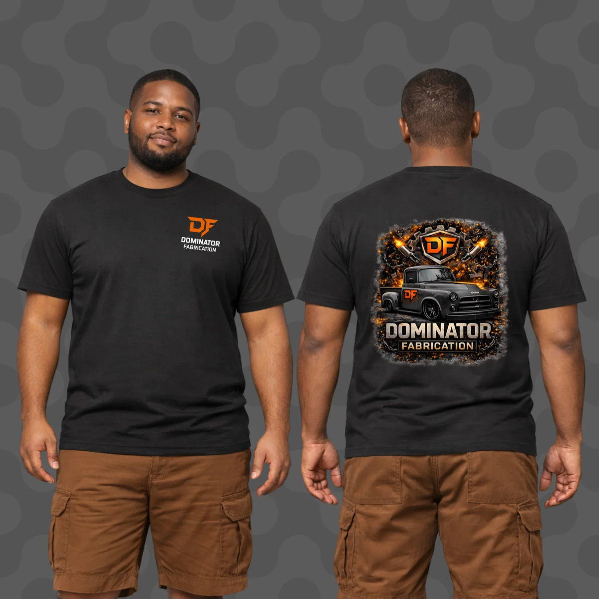 Black Dominator Fabrication T-shirt with vintage truck graphic, front and back view for softwash professionals