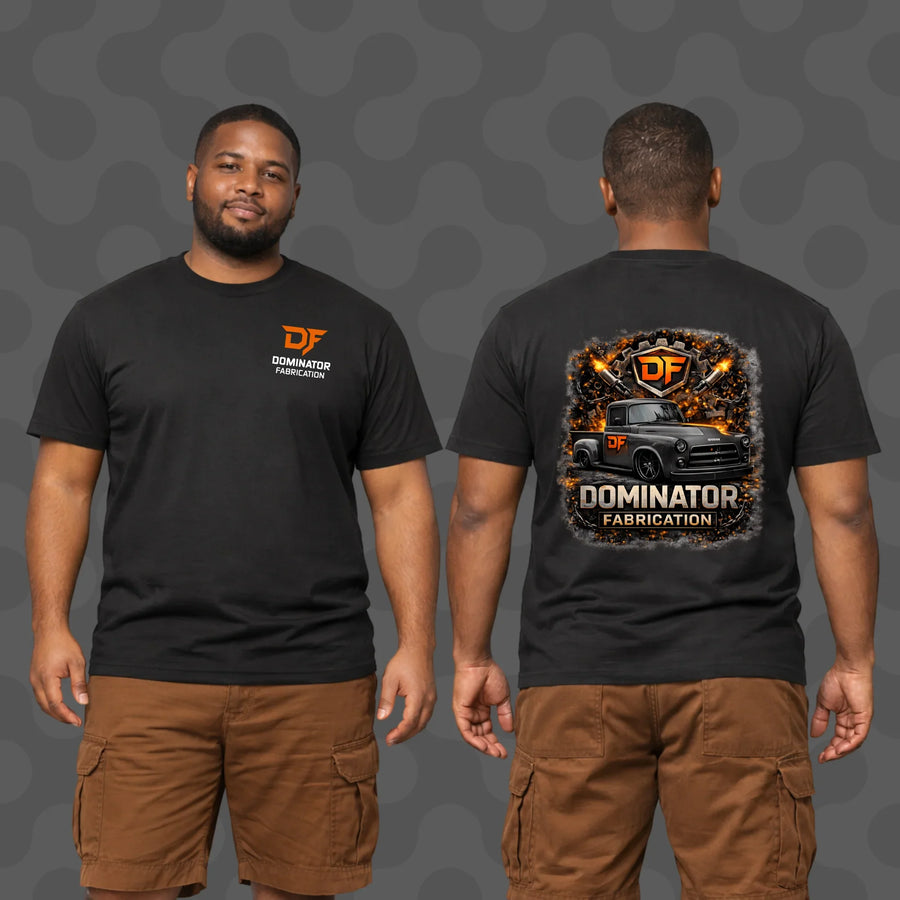 Black Dominator Fabrication T-shirt with vintage truck graphic, front and back view for softwash professionals