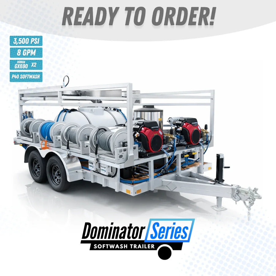 Dominator Series softwash trailer with 3,500 PSI, 8 GPM, dual Honda GX690 engines, ready to order