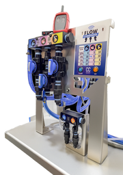 Flow Commander softwash equipment with digital controls and blue hoses for precise cleaning solutions