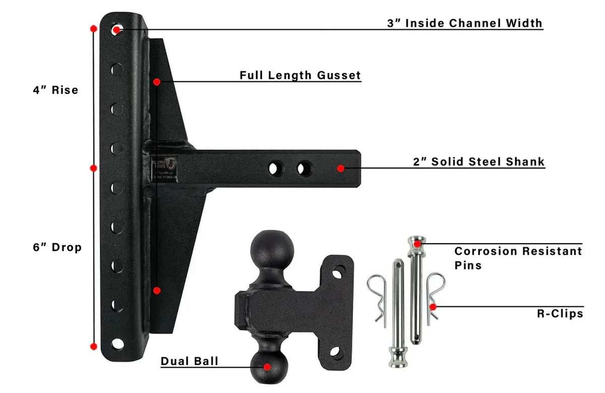 Heavy-duty dual ball hitch with 2" solid steel shank, corrosion-resistant pins, and R-clips for secure towing.