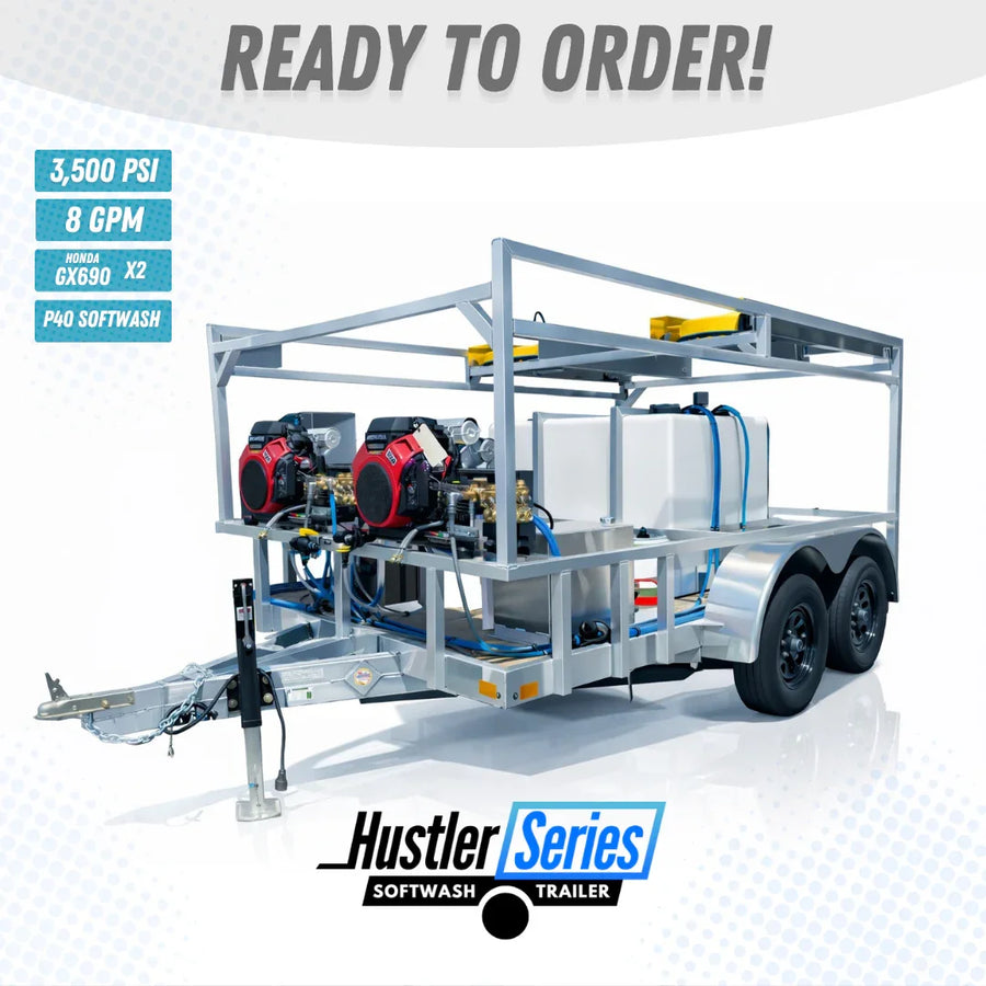 Hustler Series softwash trailer with dual Honda GX690 engines, 3,500 PSI, 8 GPM for professional exterior cleaning