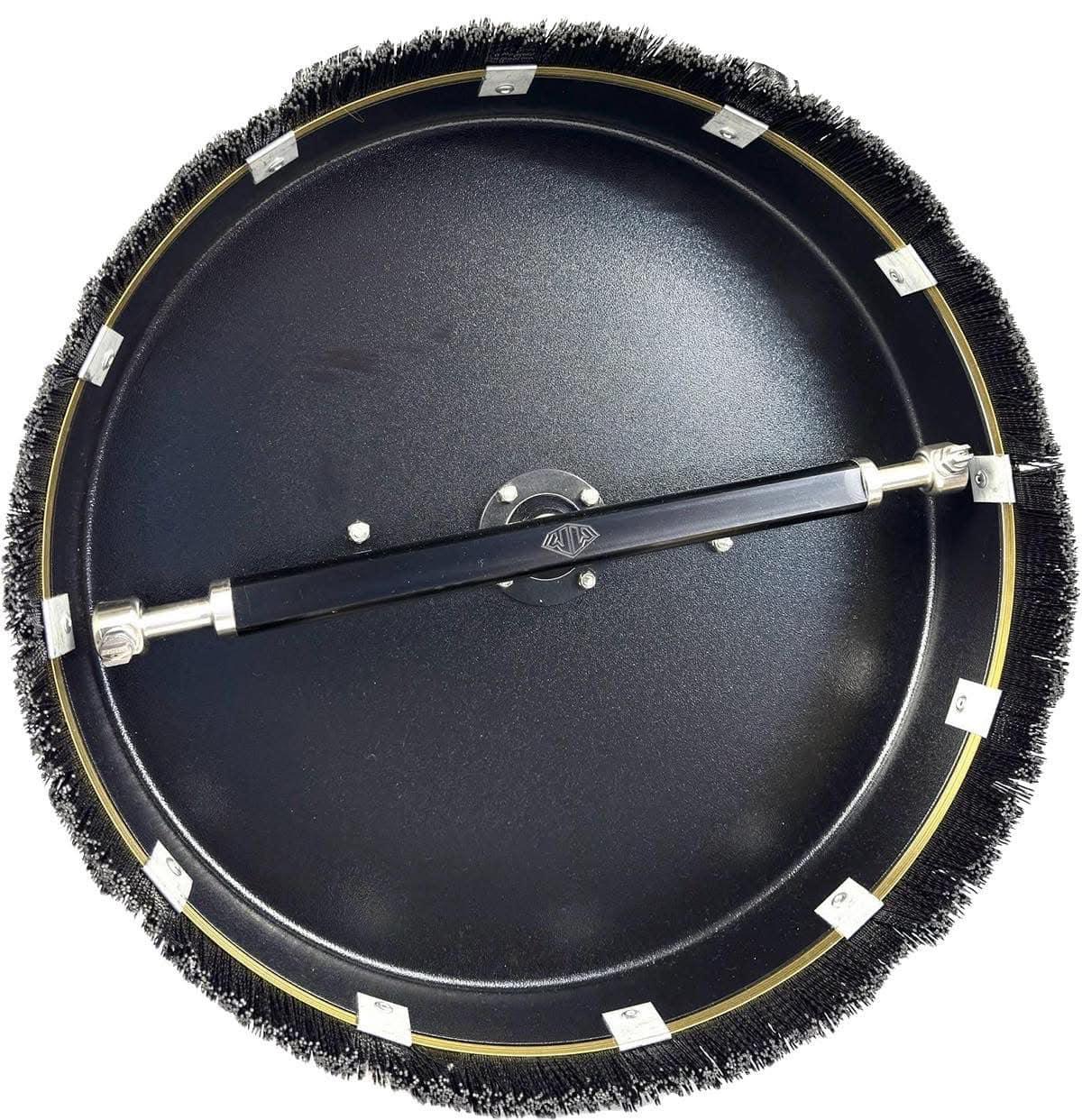 Black circular softwash brush with bristles and central handle for professional cleaning equipment