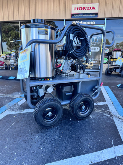 Pressure washer on a cart with a Honda sign in the background