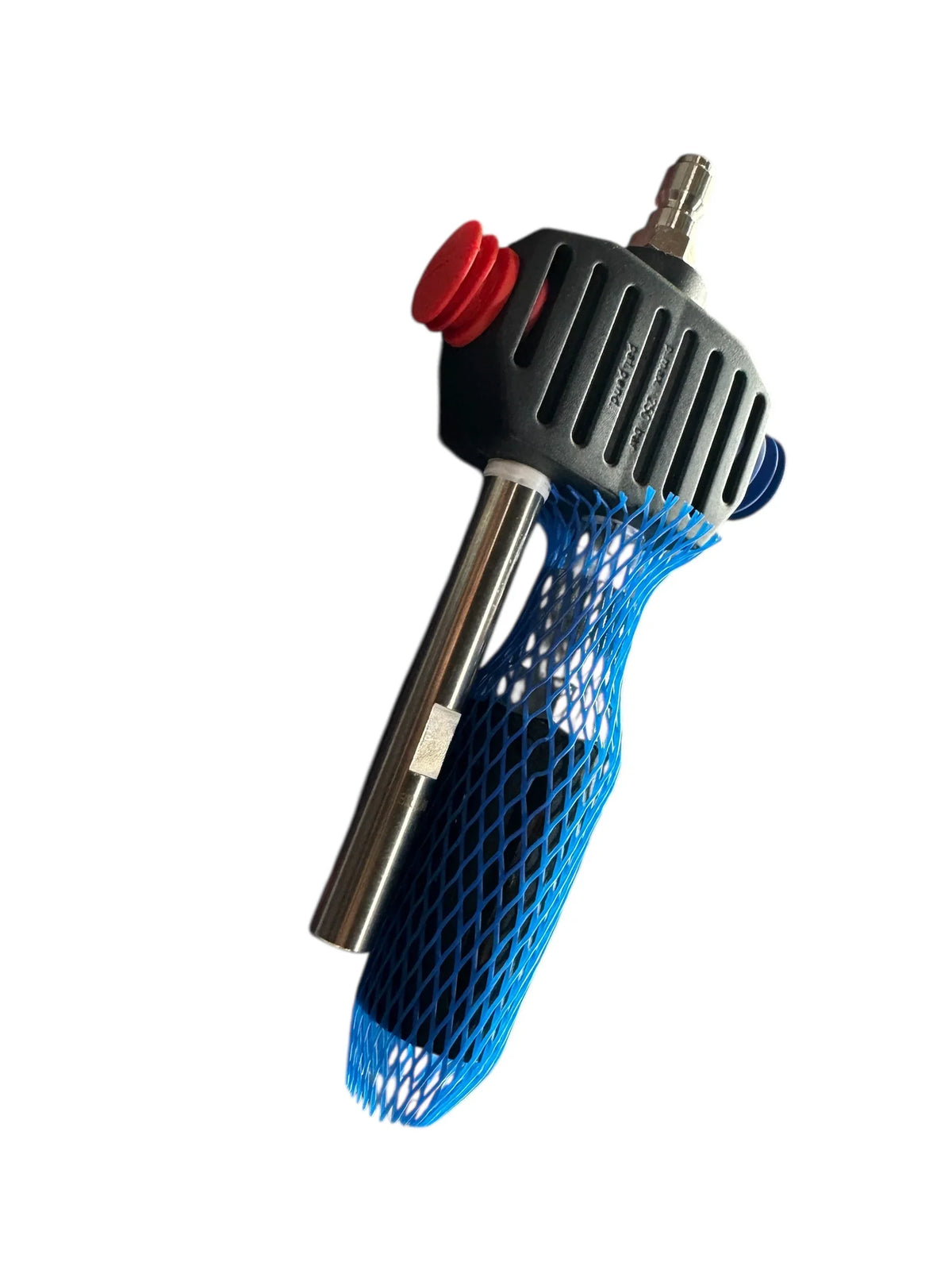 Softwash equipment with blue mesh grip and red valve for professional cleaning solutions