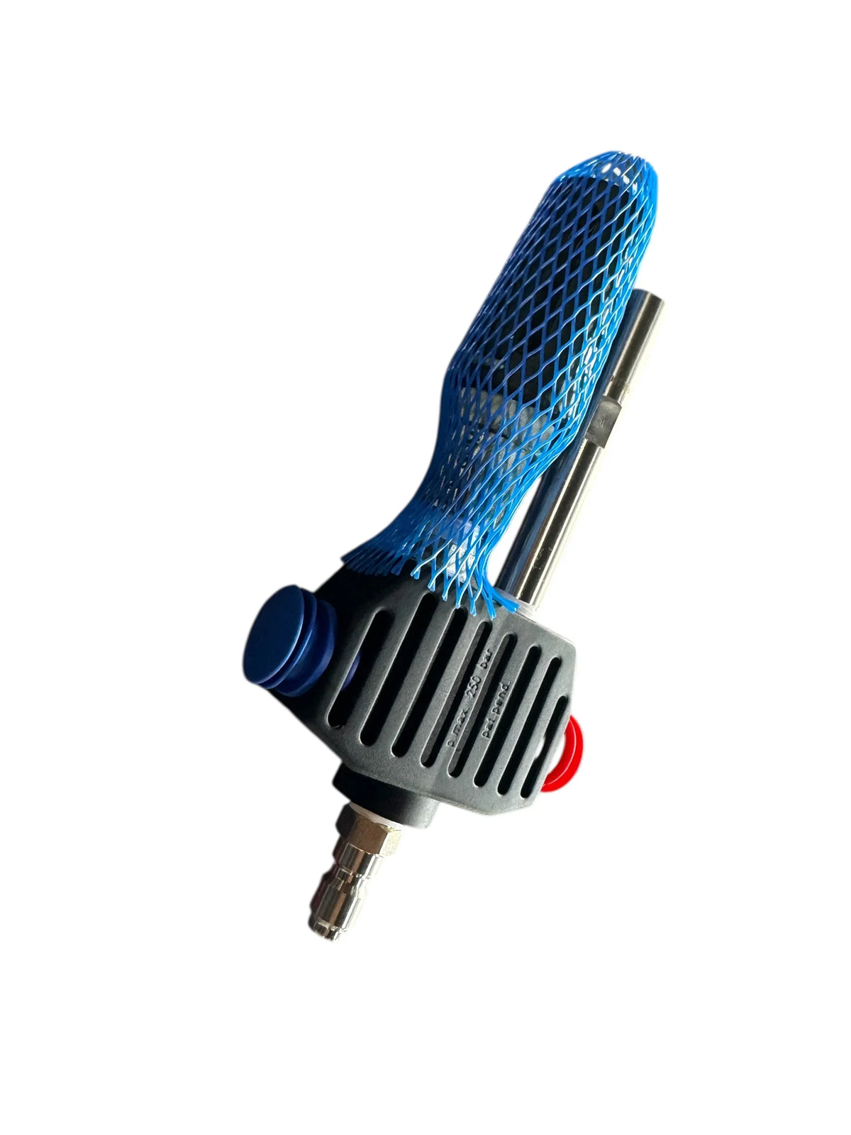 Softwash pressure washer nozzle with blue mesh grip and metal spray tip for professional cleaning