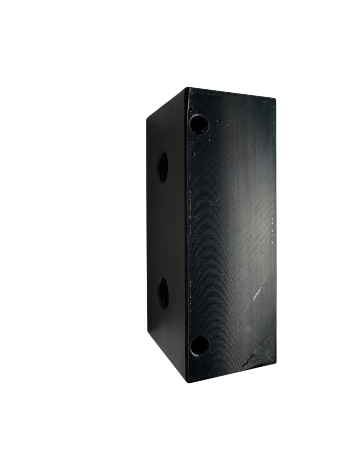 Black rectangular softwash equipment component with mounting holes for pressure washing systems