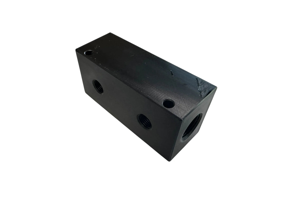 Black softwash equipment manifold with threaded ports for pressure washing systems