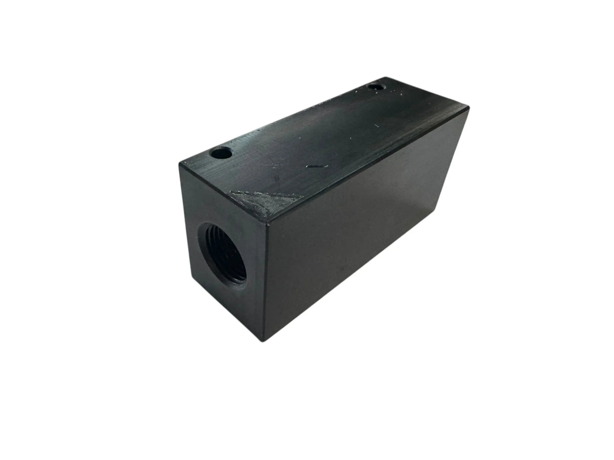 Black rectangular softwash equipment component with threaded port and mounting holes