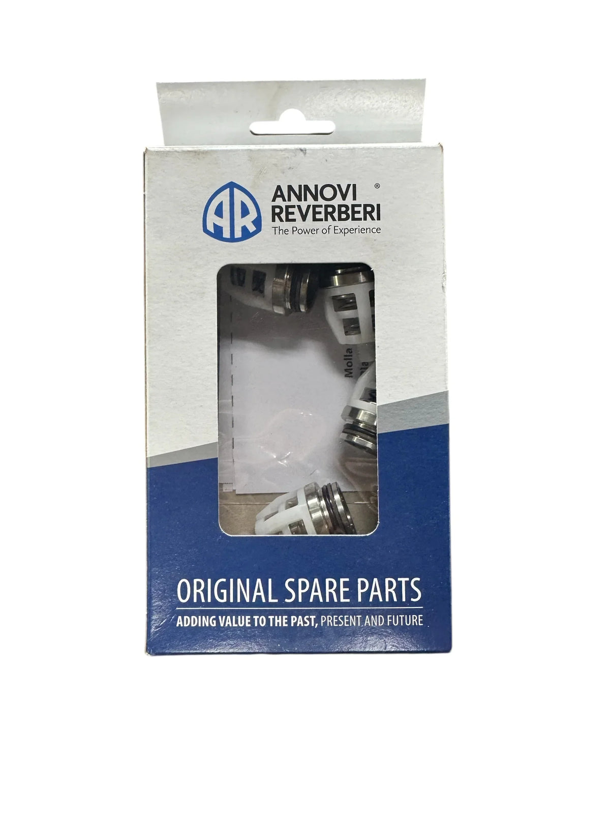 Annovi Reverberi original spare parts for softwash equipment, white and blue packaging with clear window