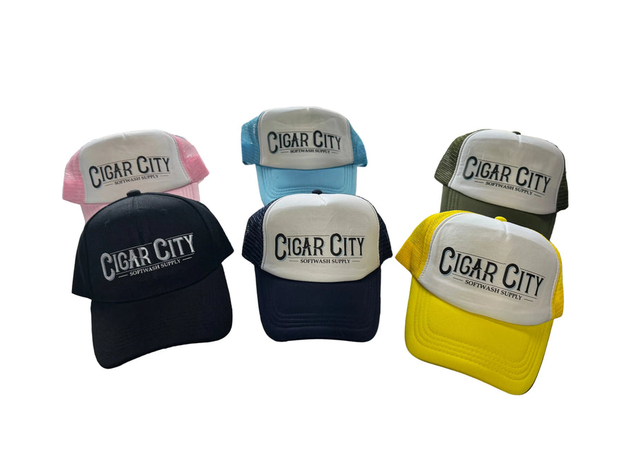Cigar City Softwash Supply trucker hats in multiple colors for cleaning professionals